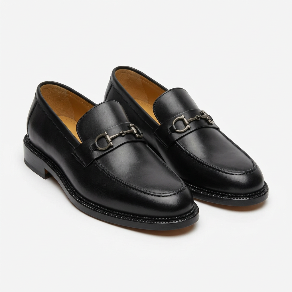 Pair of smooth black metal-bit loafers with beaded sole edges on white