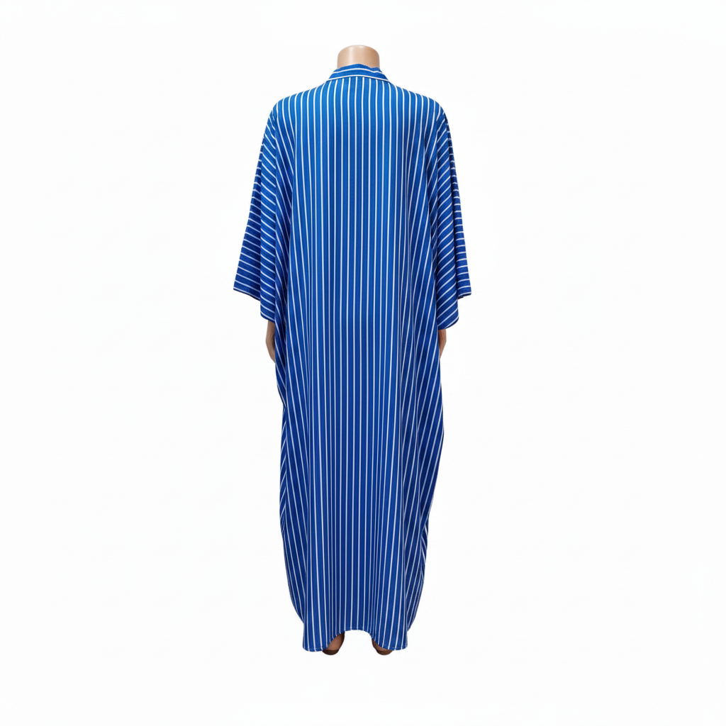 Ghost mannequin back view - blue stripe cartoon graphic kaftan dress