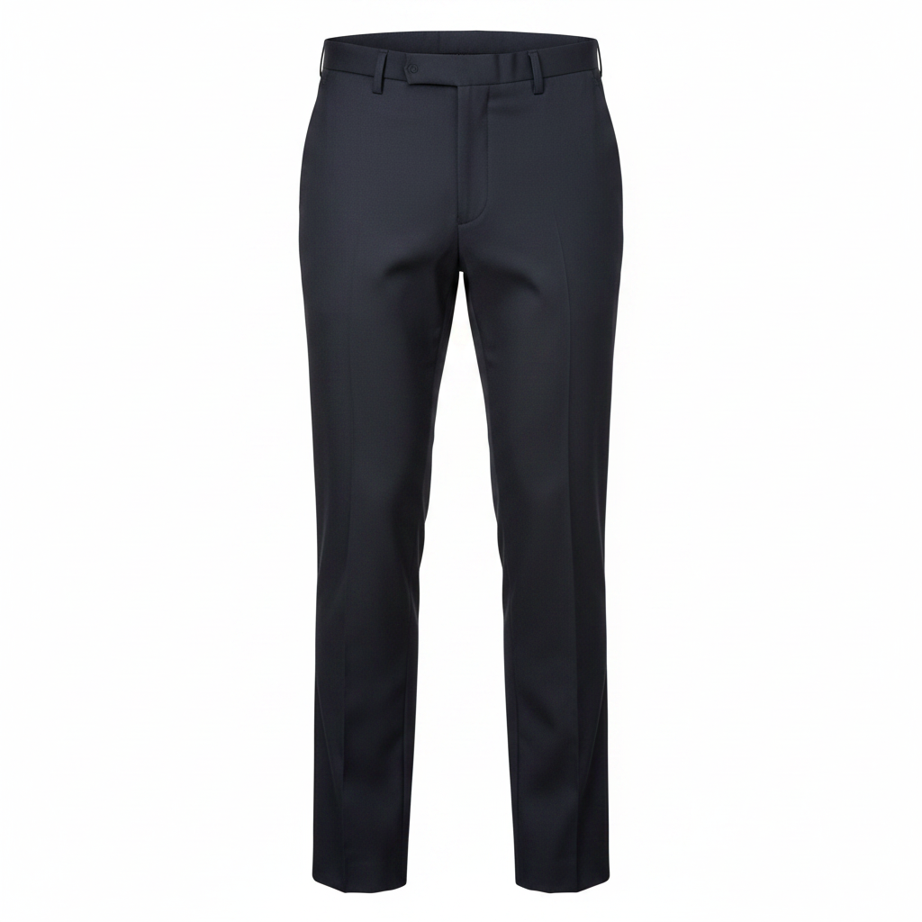 Navy blue trousers on ghost mannequin, white background