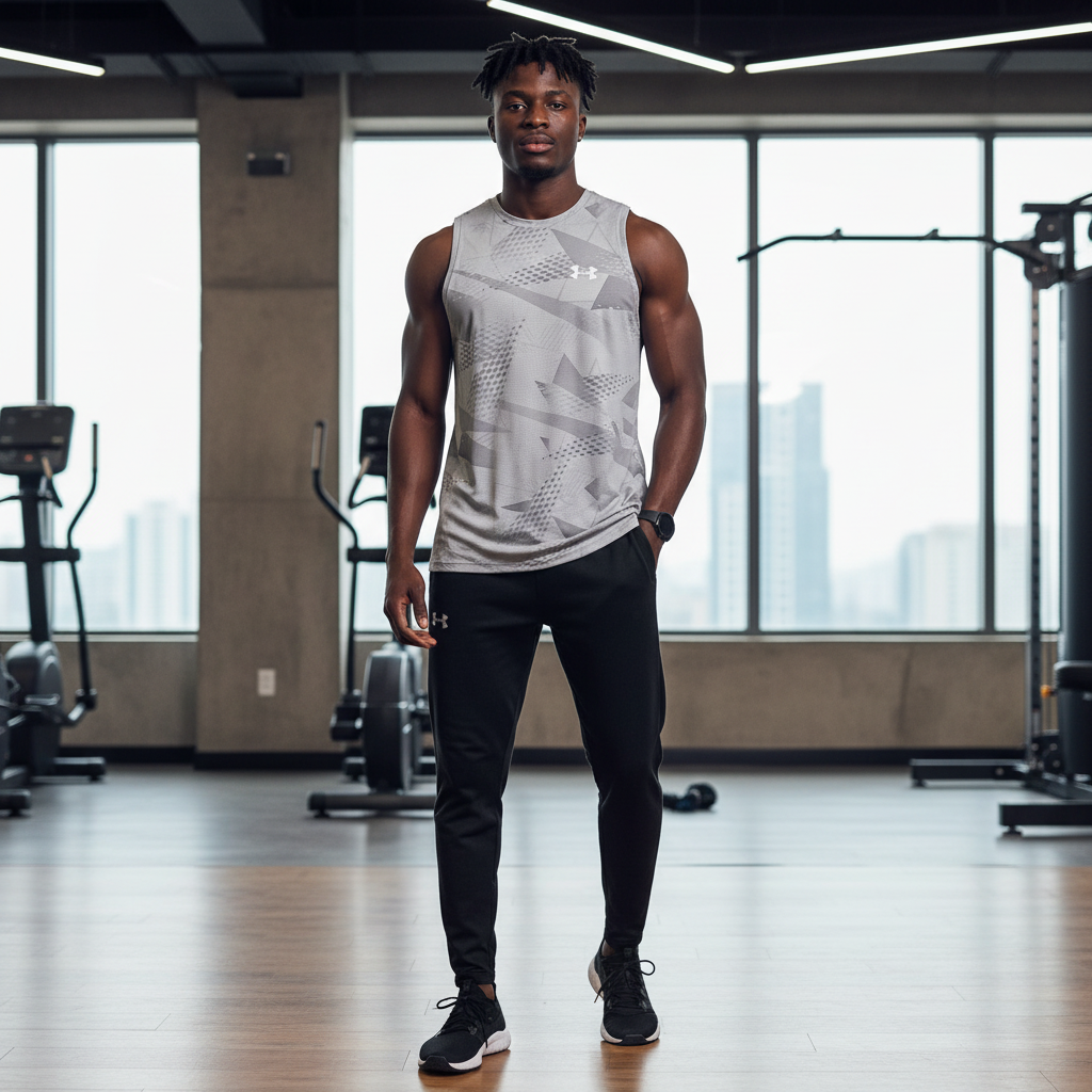 Under Armour grey geometric print sleeveless sport vest on male model