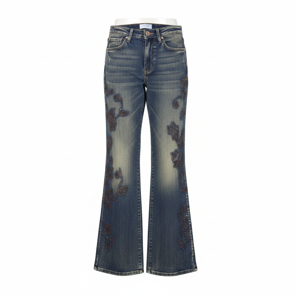 Blue Rhinestone Floral Flare-Leg Denim Jeans - Ghost Mannequin Front