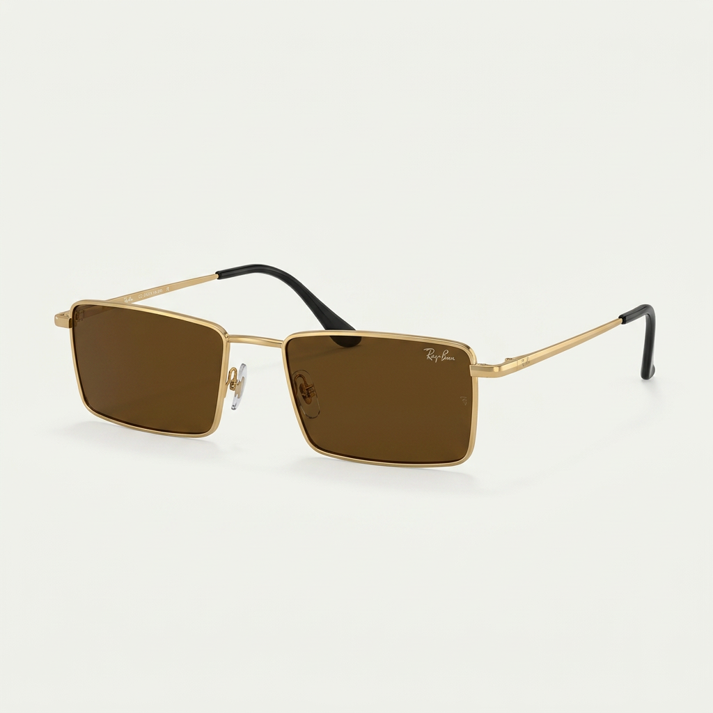 AI-edited gold-tone rectangular sunglasses with brown lenses