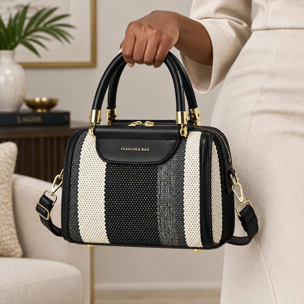 Black Nigerian woman holding black and ivory woven-look satchel