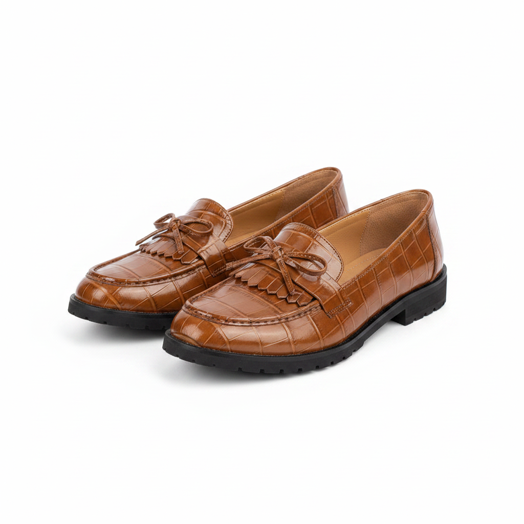 Layinka Store Tan Croc Patent Tassel-Bow Loafers – Catalog Shot