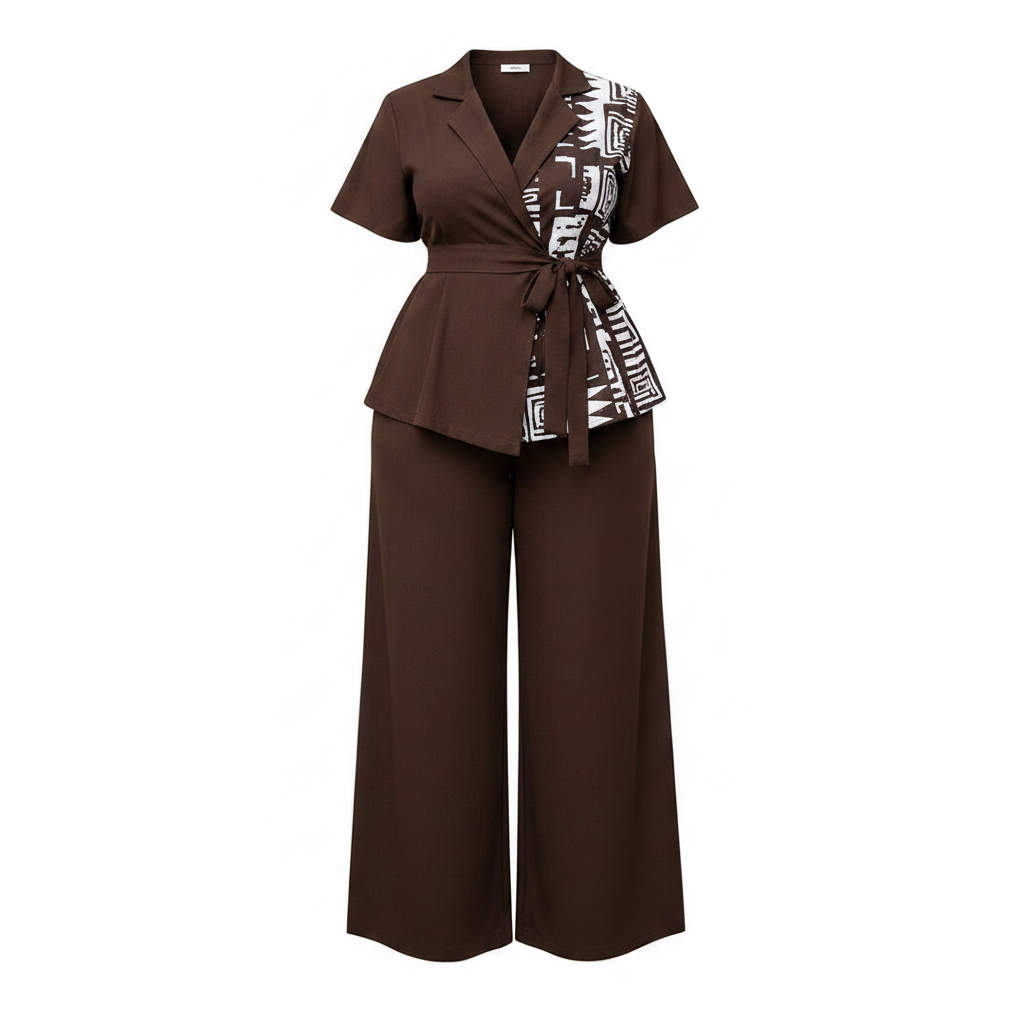 Women's printed-panel wrap top co-ord set in dark brown – ghost mannequin front view