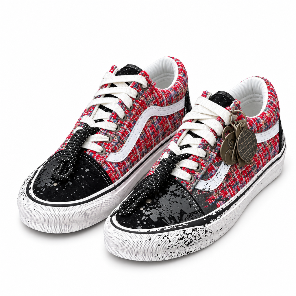 Red woven sneakers with black splatter toes, cord accents and metal charms