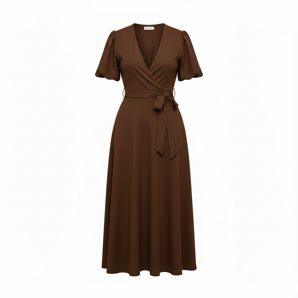 Women's chocolate brown puff sleeve wrap midi dress – ghost mannequin view