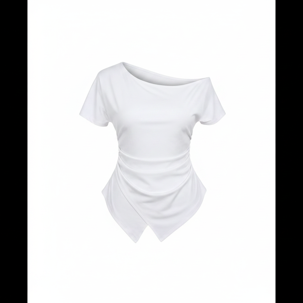 Women's Off-Shoulder Asymmetric Hem Ruched Top - Ghost Mannequin