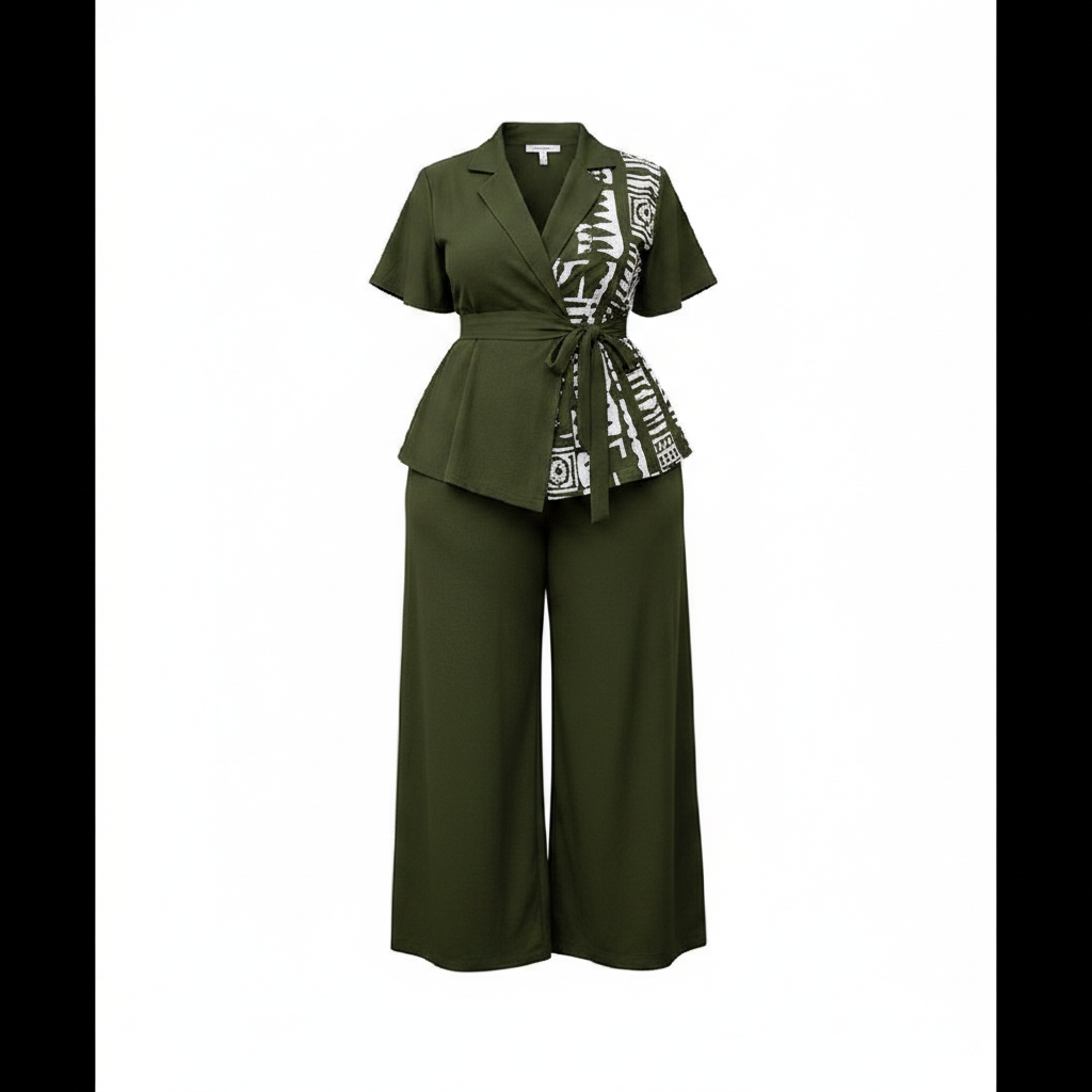 Women's printed-panel wrap top co-ord set in olive green – ghost mannequin front view