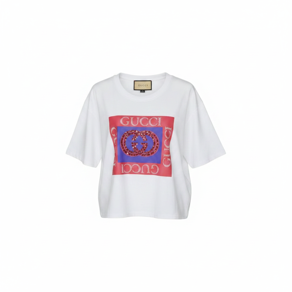 Women's white rhinestone logo graphic oversized tee - ghost mannequin front view