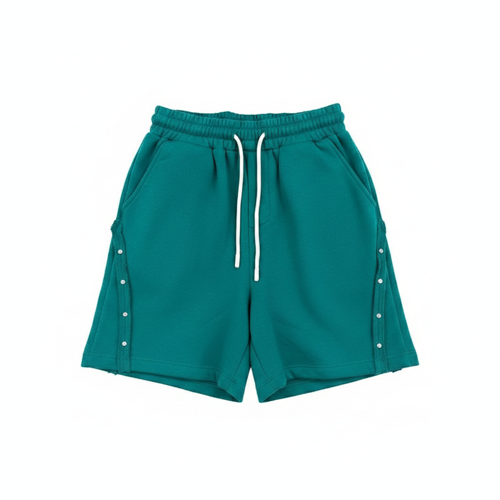 Ghost mannequin front view of teal green fleece drawstring shorts with snap button side seam detail