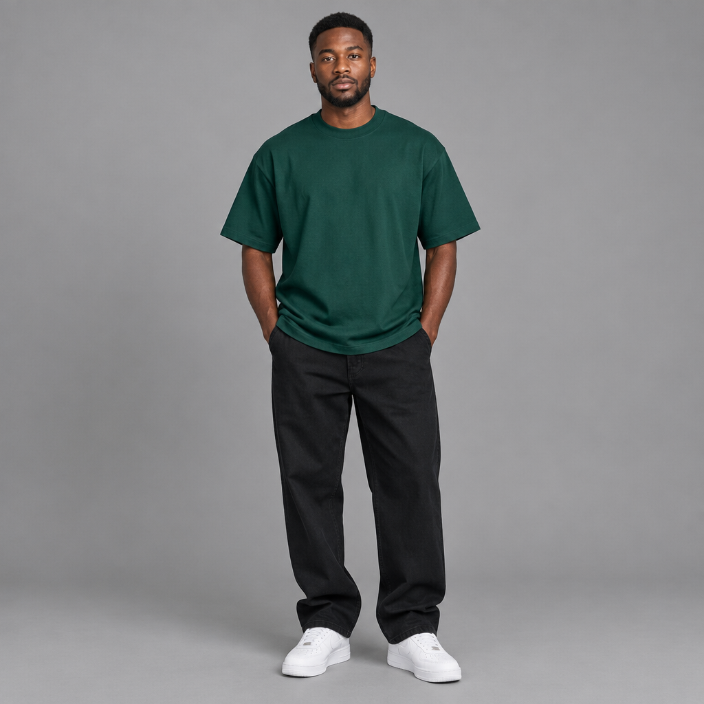 Man wearing plain dark green crew-neck T-shirt