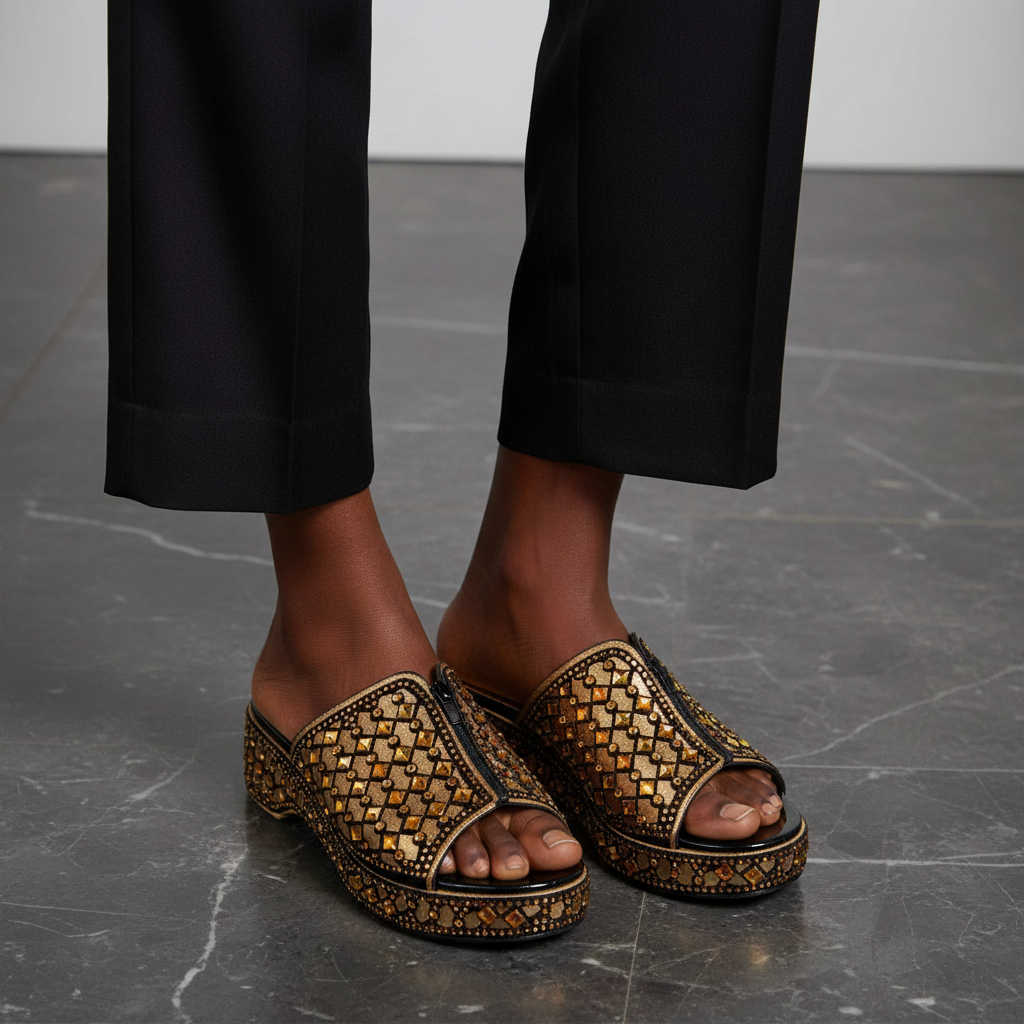Women's Rhinestone Mosaic Platform Wedge Slide - Gold Model Editorial Leg Zoom