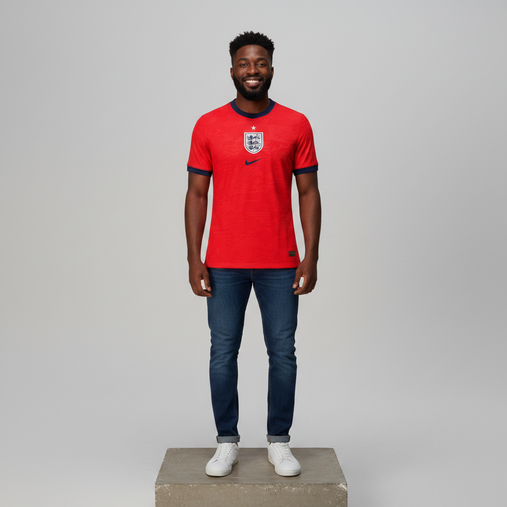 Nigerian male model wearing red away football jersey on concrete plinth