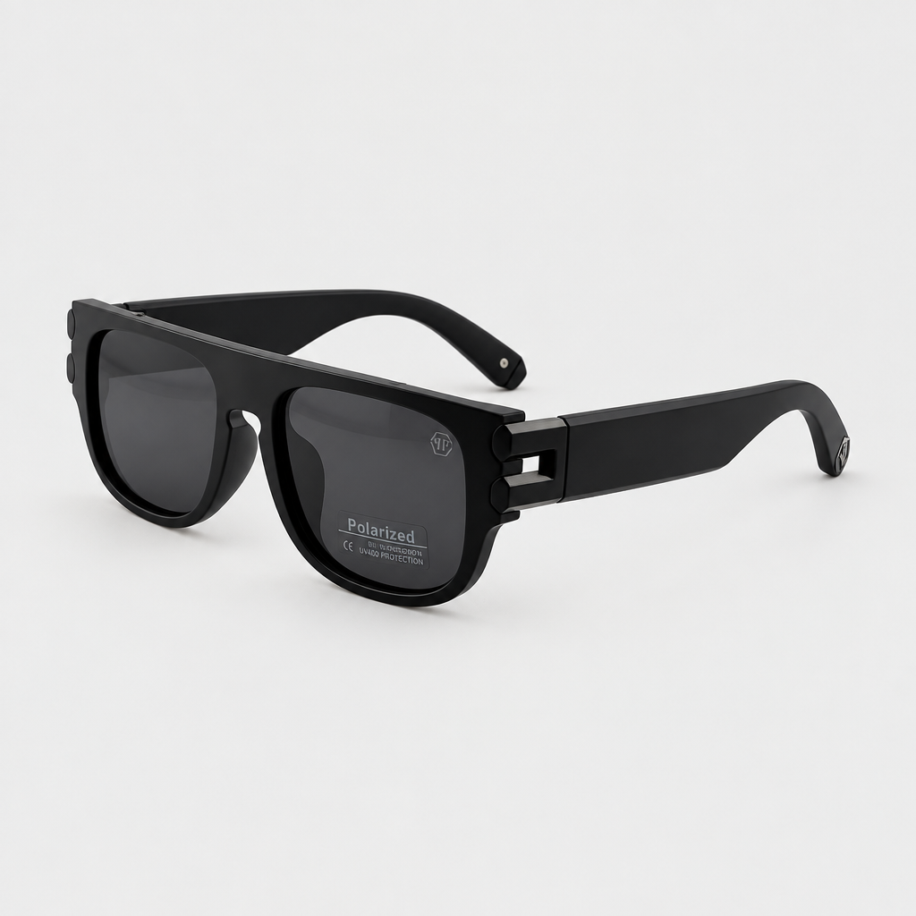 AI-generated black flat-top square sunglasses with dark grey lenses