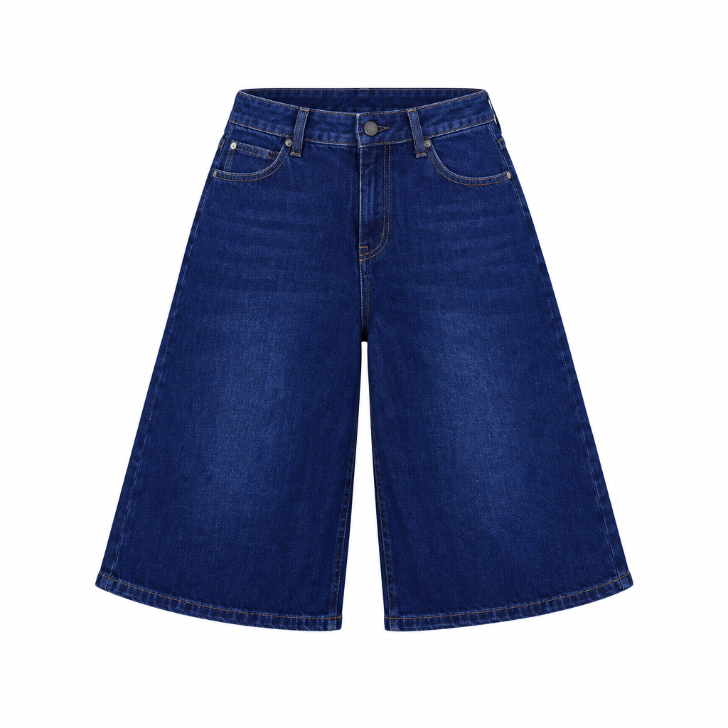 Dark blue wide-leg denim Bermuda shorts, ghost mannequin front view