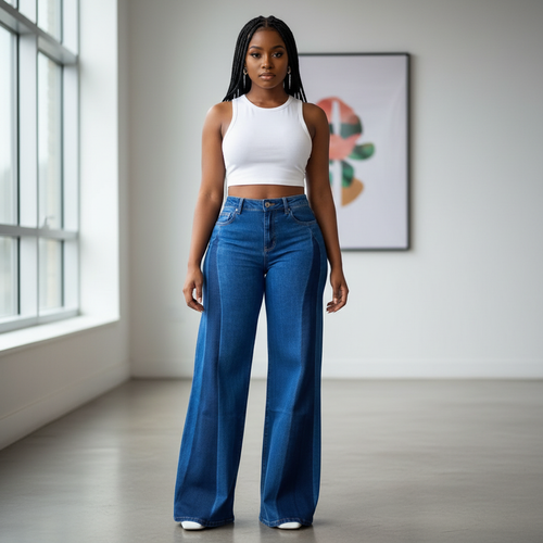 Nigerian female model wearing royal blue two-tone color block wide-leg jeans front view