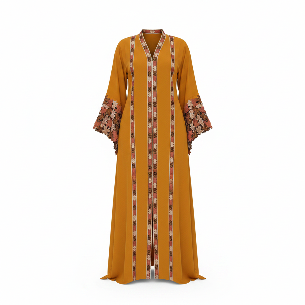 Mustard abaya with floral appliqué sleeves ghost mannequin front view