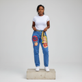 Blue Pop Art Graphic Denim Jeans – Front Model