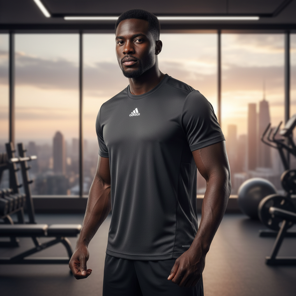 Black Nigerian male model wearing Adidas sport jersey