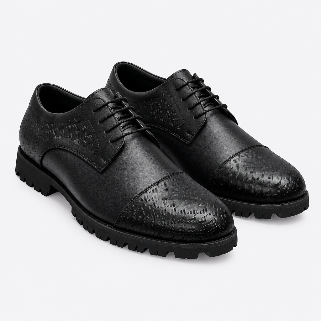 Black men's textured cap-toe lace-up shoes shown as a complete pair