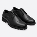 Black men's textured cap-toe lace-up shoes shown as a complete pair
