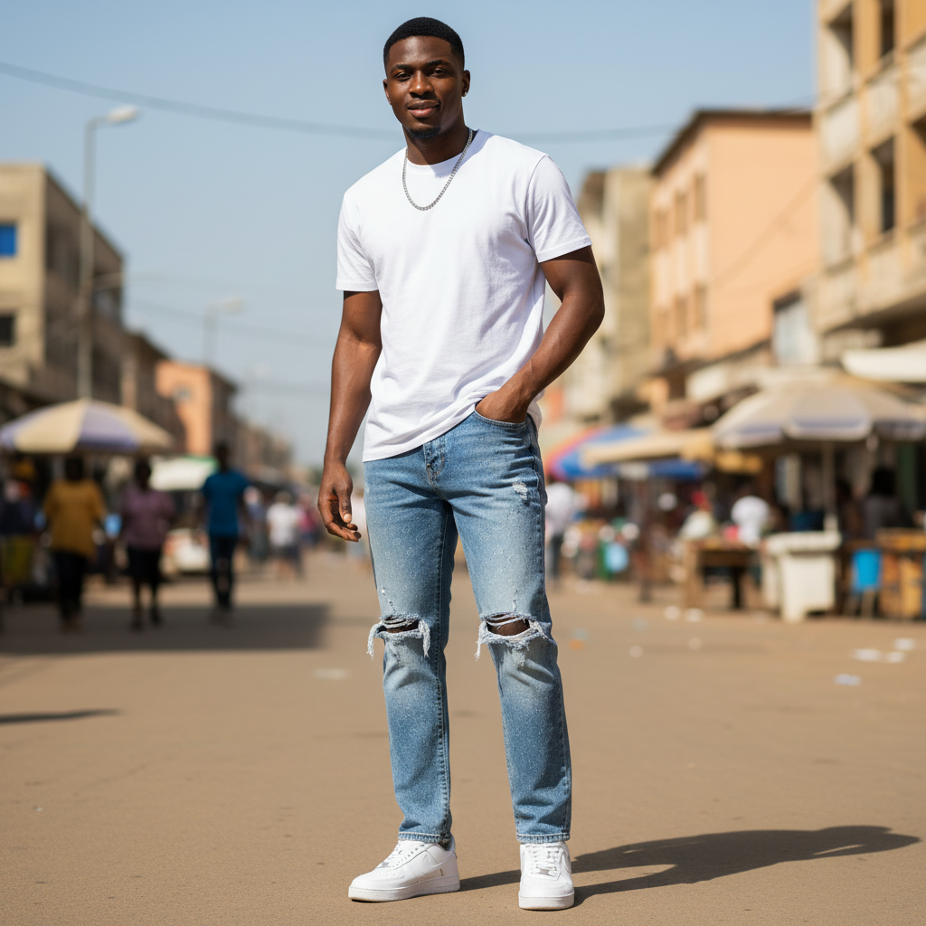 Nigerian model wearing Light Blue Washed Straight-Leg Distressed Dual Knee Rip Monogram Jeans