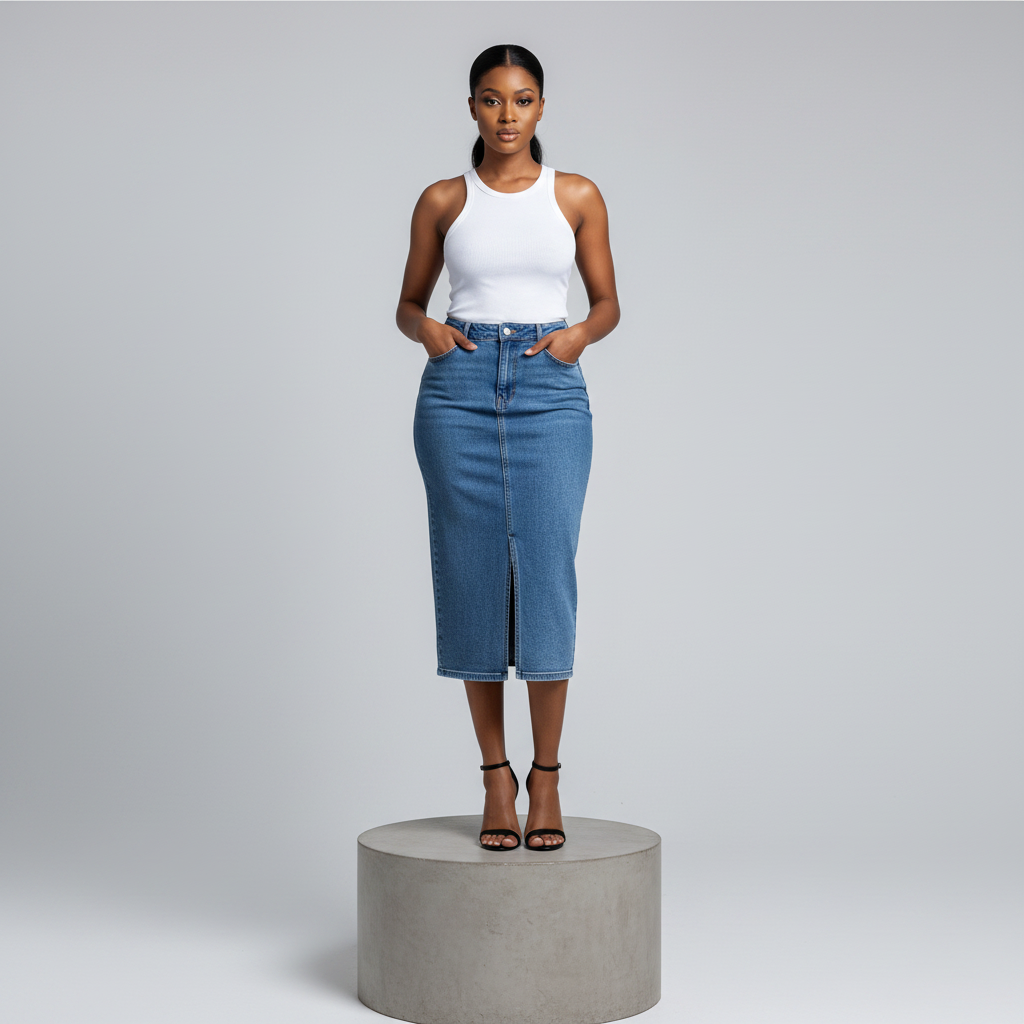 Blue Denim Midi Skirt – Front Model