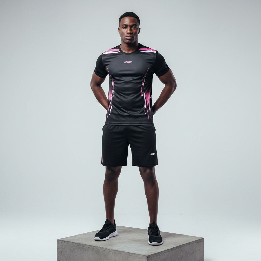 Nigerian male model wearing black and pink sports jersey set