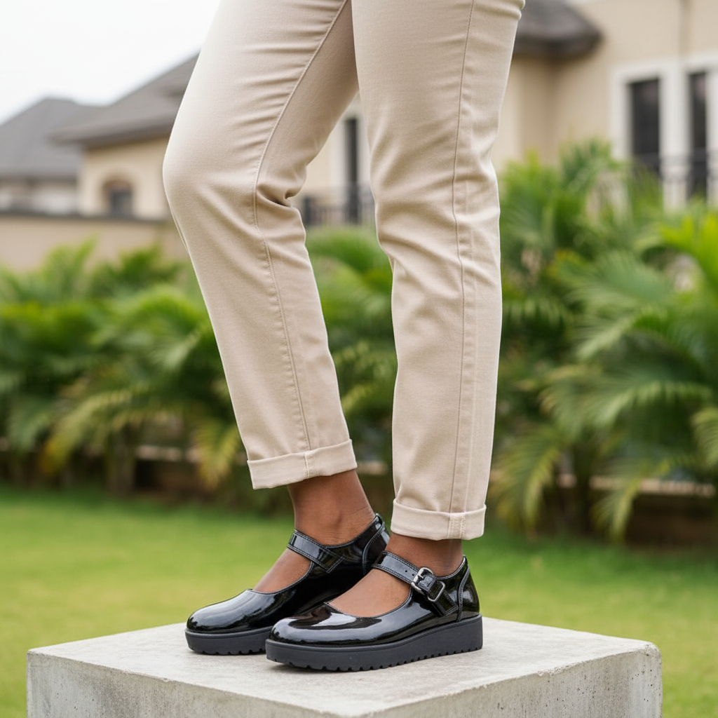 Nigerian female model wearing black patent leather Mary Jane platform shoes