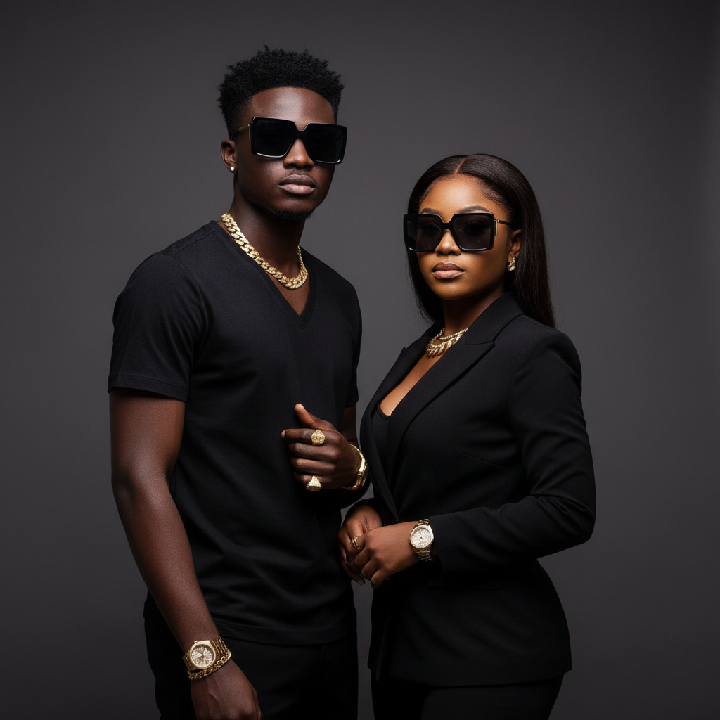 Male and female model lifestyle shot — Oversized Square Sunglasses Black Gold Temple Smoke