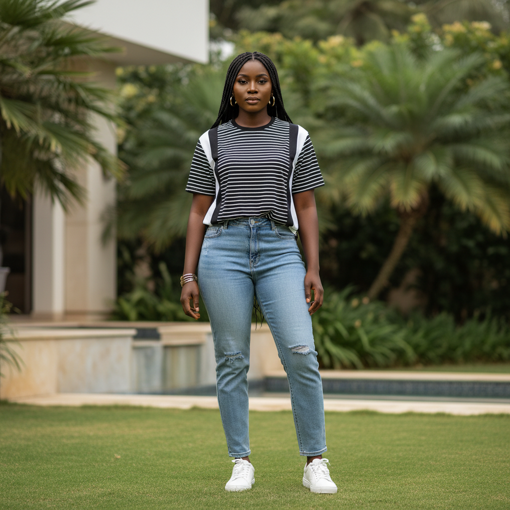 Women's Black & White Stripe Panel Tee — Model Shot