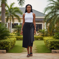 Model shot — Women's Black Asymmetric Wrap Midi Skirt