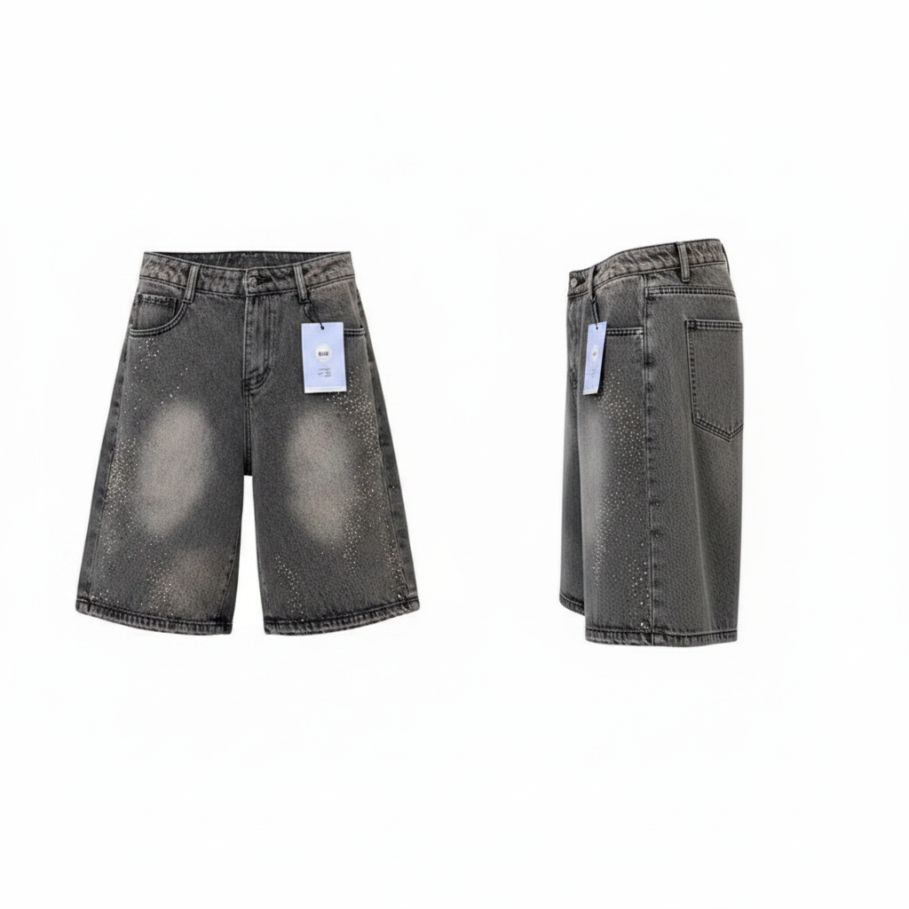 Men's grey washed rhinestone denim shorts ghost mannequin front and side view