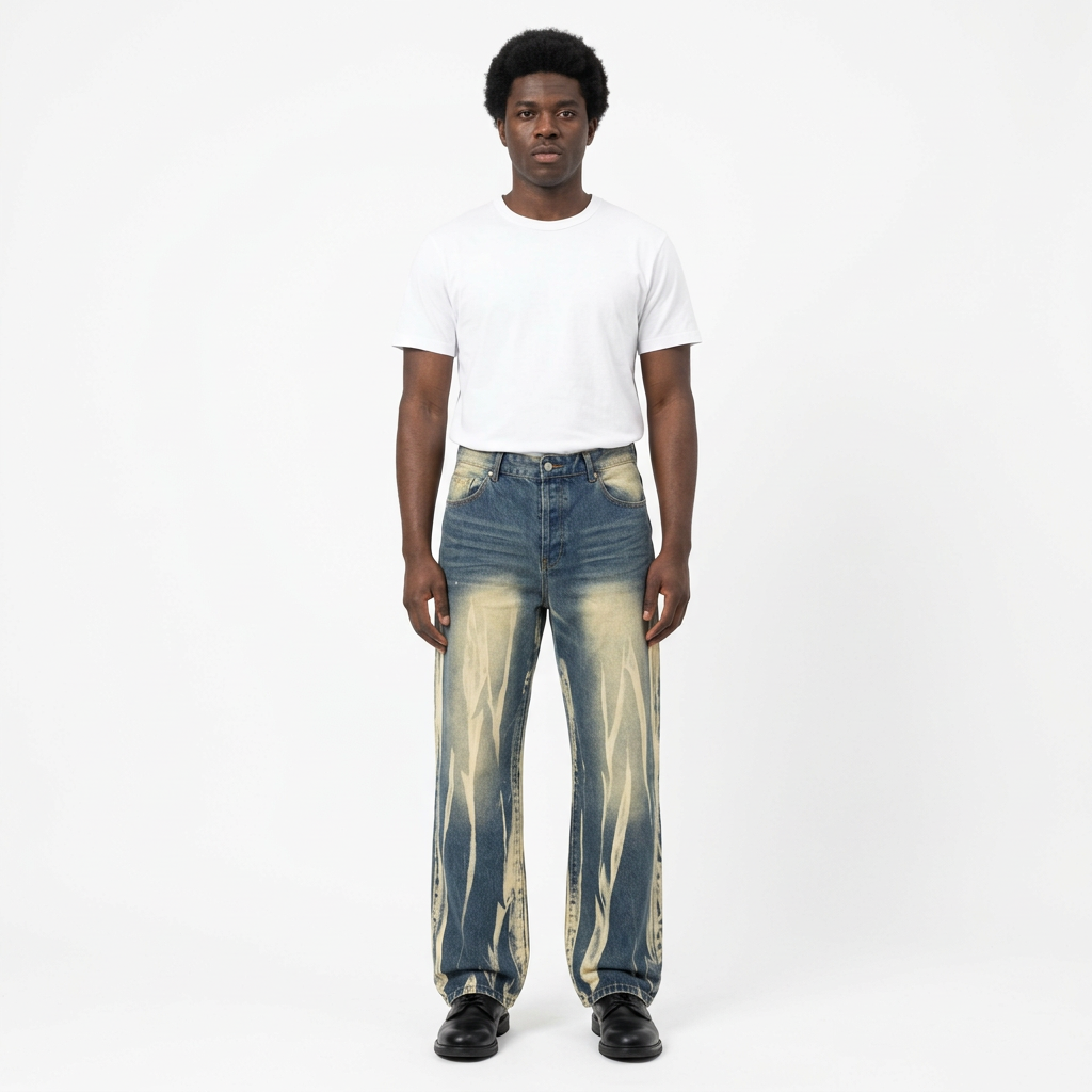 Full-body male model wearing dark-blue cream-streak wash jeans