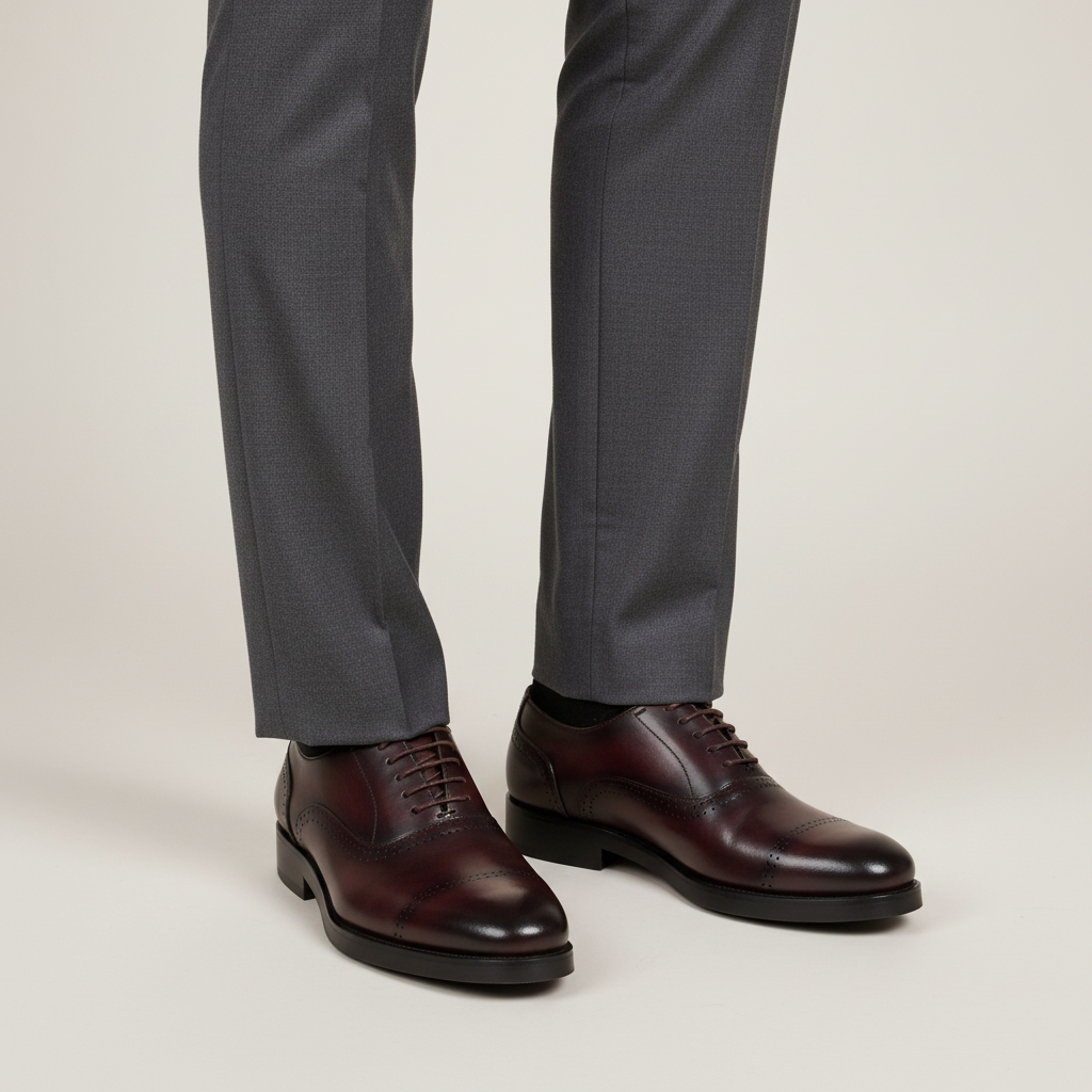 Man wearing burgundy leather oxford brogues with charcoal dress trousers