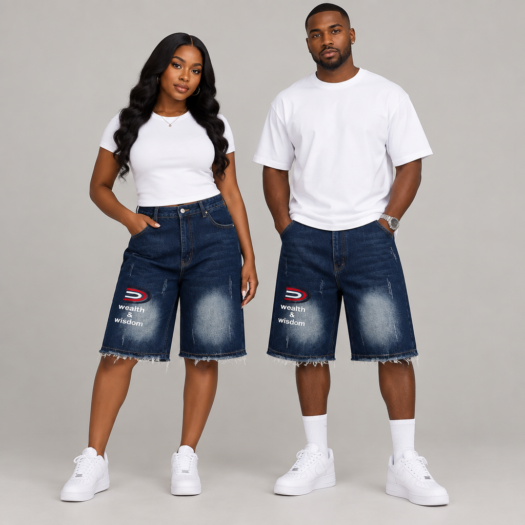 Woman and man together wearing longer dark blue faded graphic denim shorts