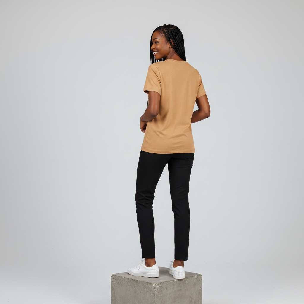 Nigerian female model back view wearing plain camel T-shirt with black trousers - consistent model