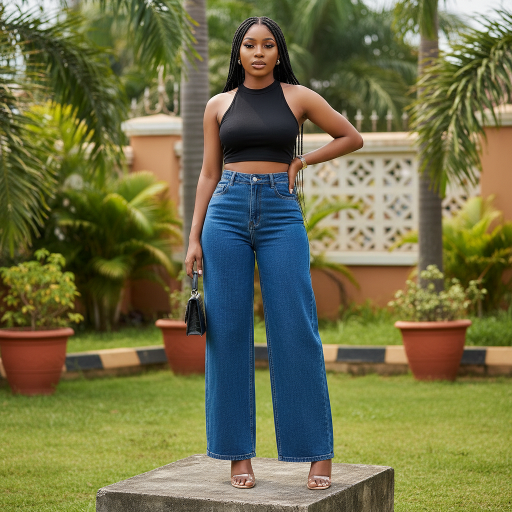Nigerian female model wearing women's medium blue high-waist wide-leg straight denim jeans, garden setting