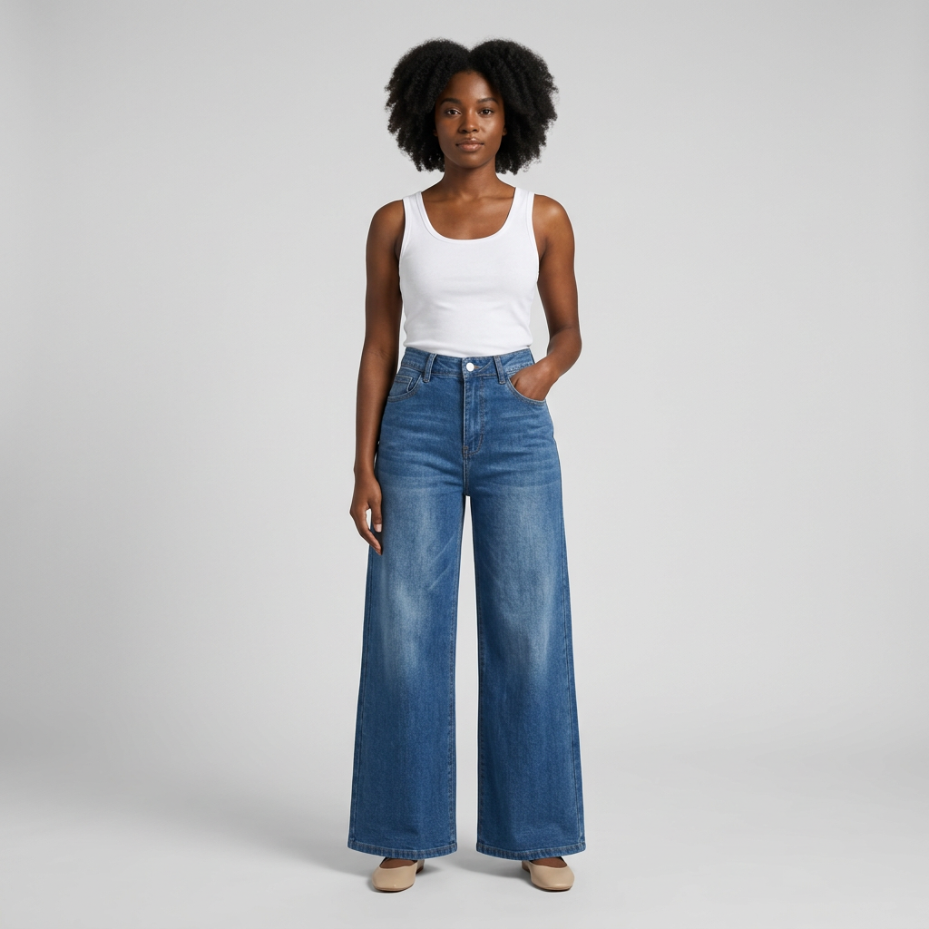 Nigerian woman wearing washed blue high-rise jeans with broad straight wide legs matching the ghost image