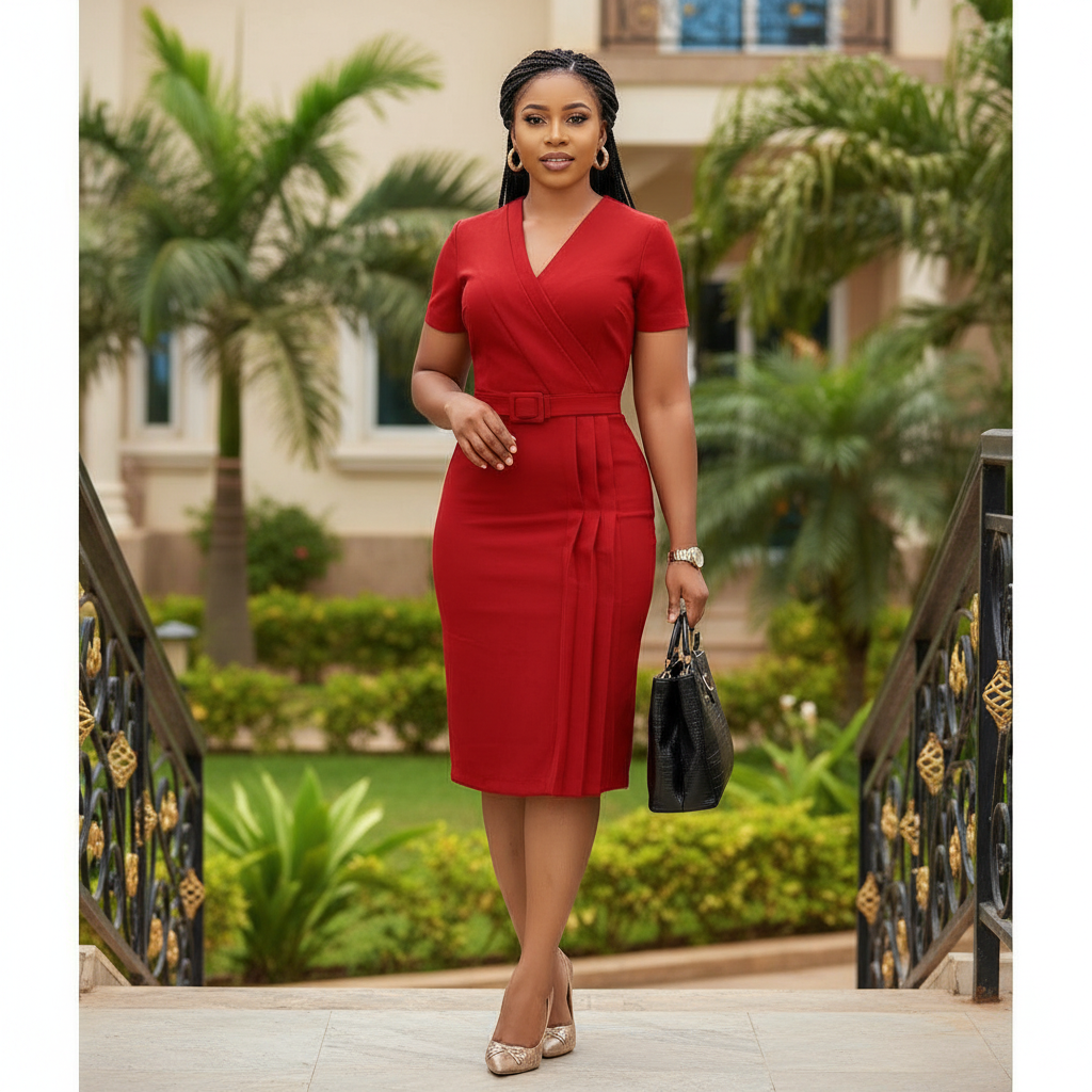 Women's Red V-Neck Wrap-Front Pleated Bodycon Midi Dress - Nigerian Female Model