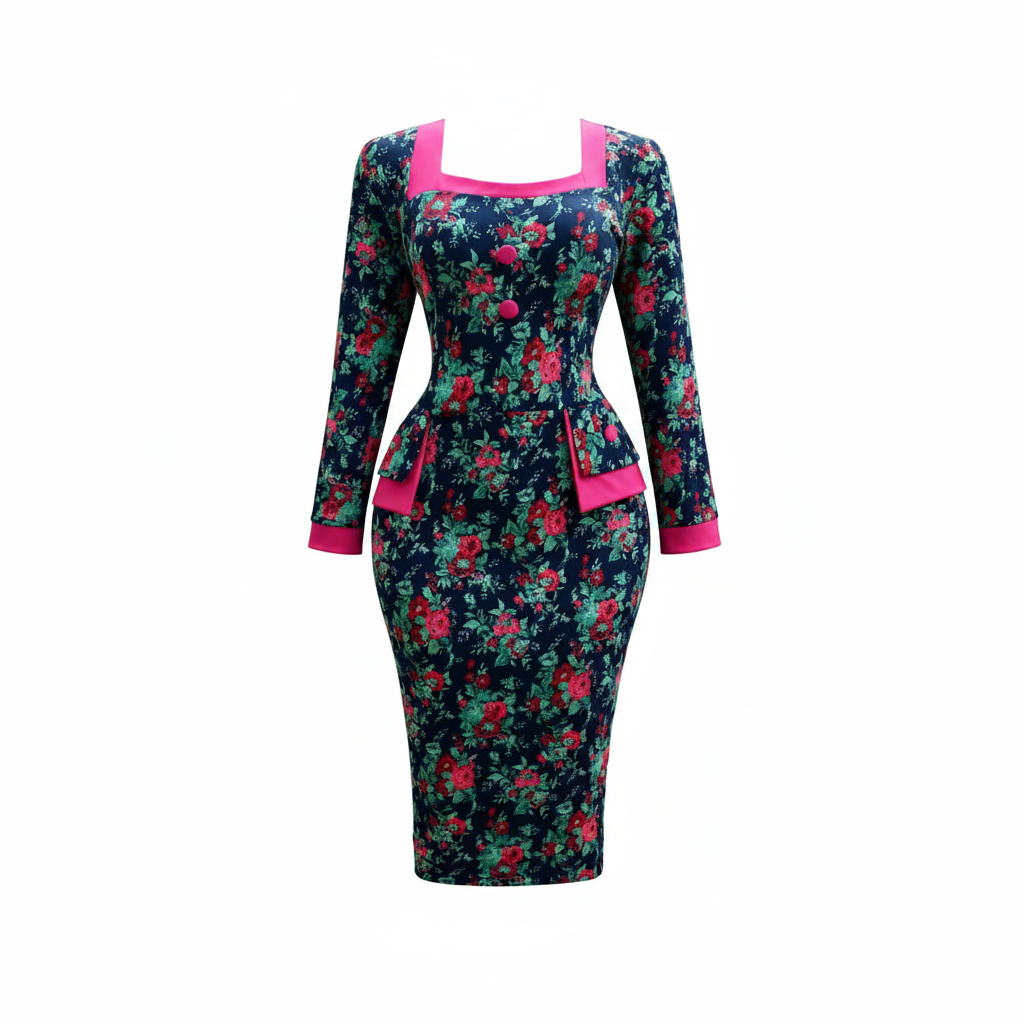 Women's Navy Floral Print Hot Pink Trim Bodycon Midi Dress – Ghost Mannequin Front View