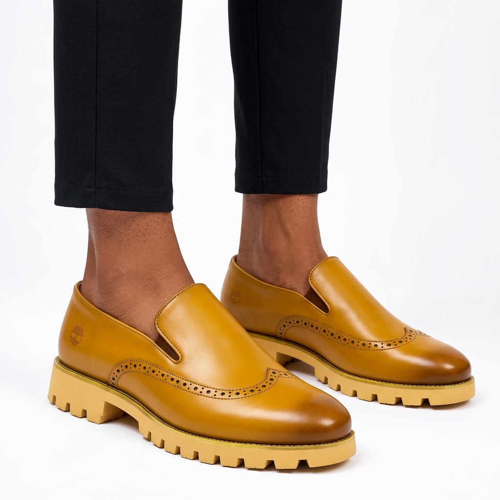 Male model wearing golden-tan brogue lug-sole slip-ons, both shoes visible on white