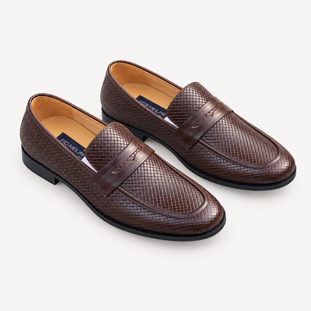 Dark brown men's embossed-texture loafers shown as a complete pair