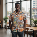 Nigerian male model wearing Looney Tunes all-over print camp collar shirt