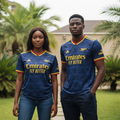 Nigerian female and male models wearing navy blue diamond pattern football jersey