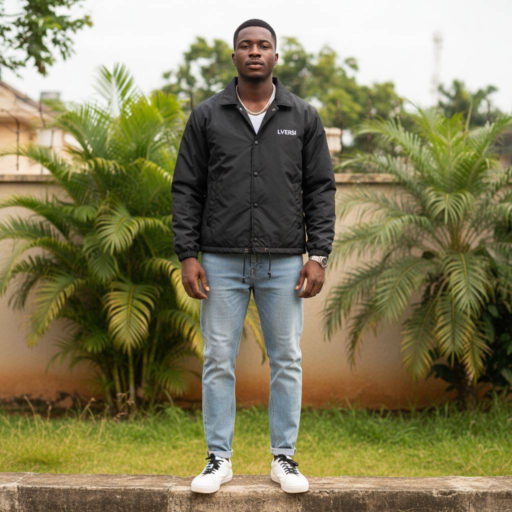 Men's Black & Orange Reversible Coach Jacket – Nigerian Male Model Shot