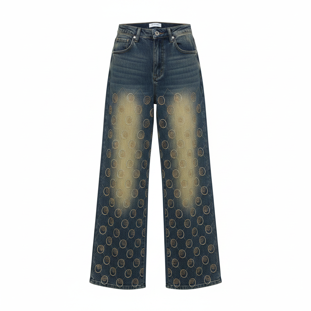 Women's rhinestone oval print wide-leg jeans – ghost mannequin front view