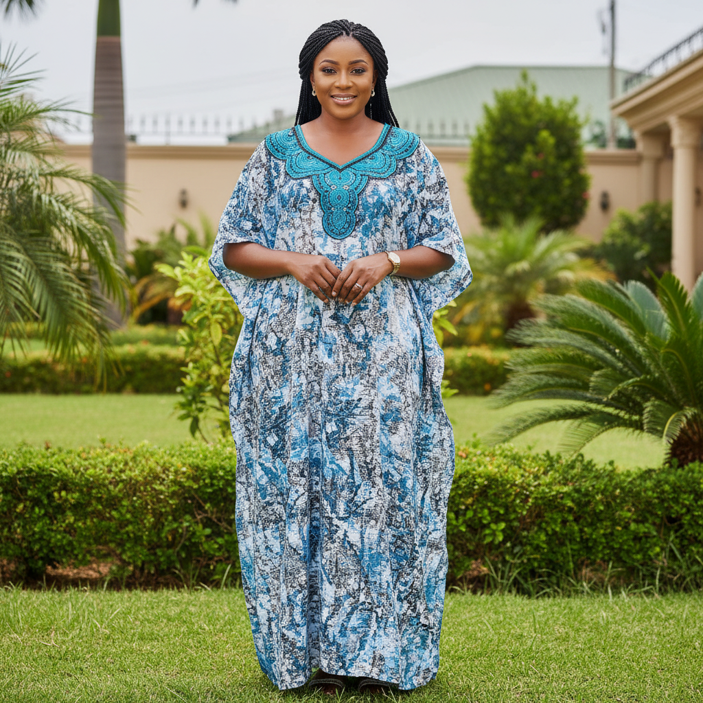 Nigerian female model wearing blue floral bubu kaftan dress in garden setting