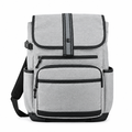 Light grey flap-top backpack with black trim and front zip pockets